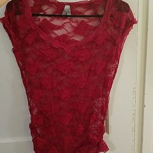 Red Sheer Lace Top with Floral Design Size S
